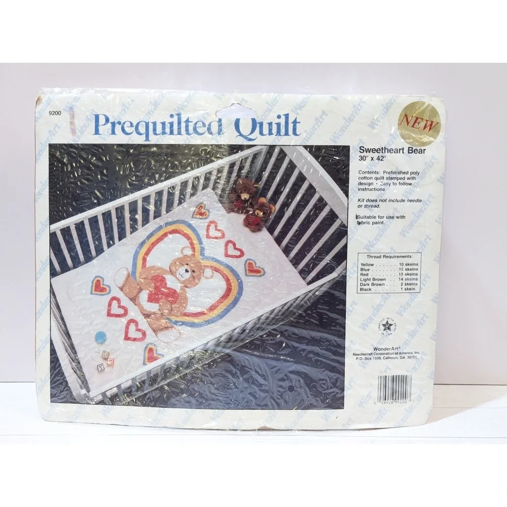 Vtg Stamped Embroidery Kit Wonder Art Pre-quilted Quilt Bear Hearts 30